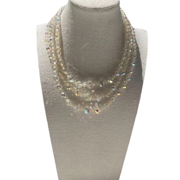 Vintage 3 Strand AB Aurora Borealis Crystal Faceted Beads Style Necklace 15.5” - Picture 6 of 13